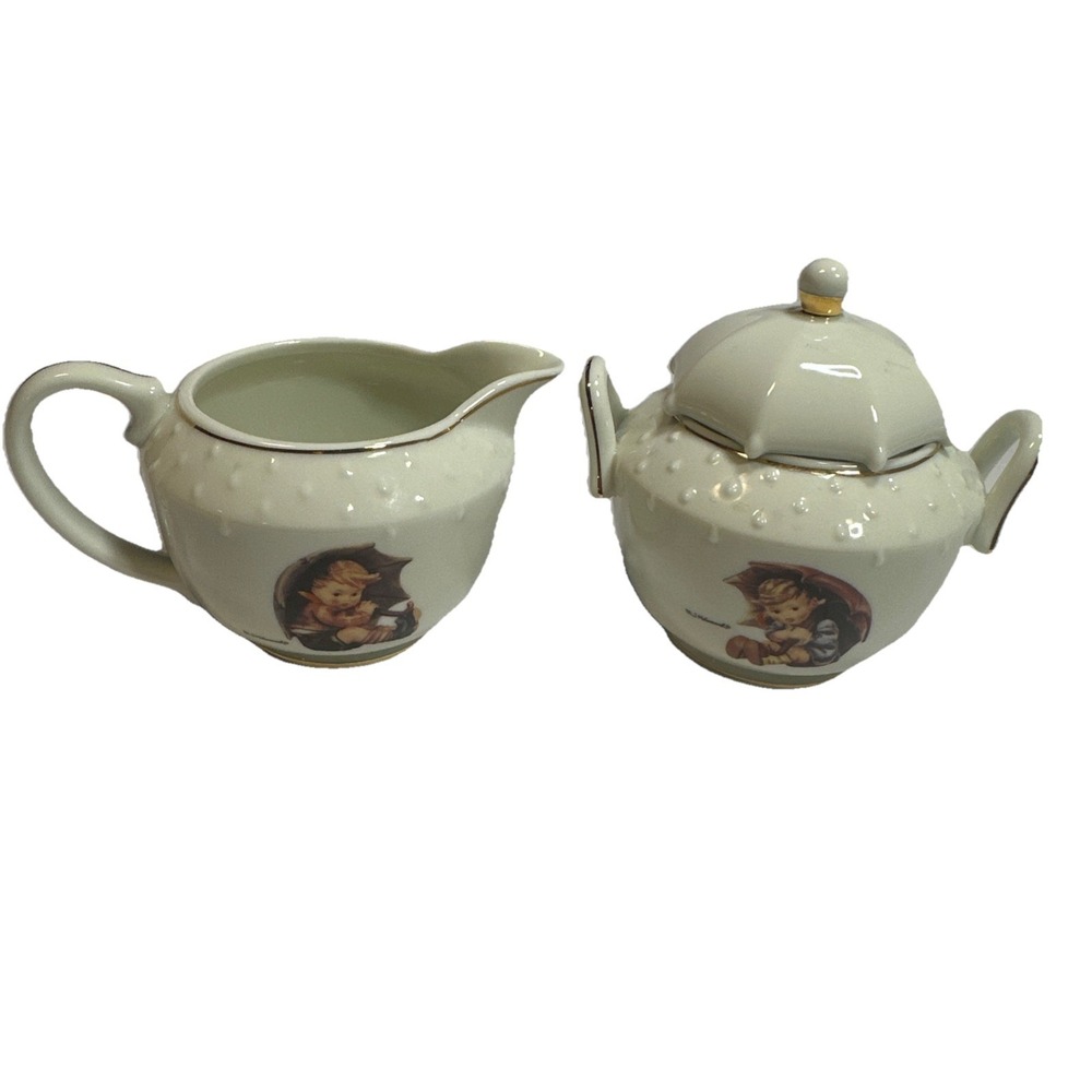 Big MJ HUMMEL Danbury Mint Sugar Creamer Tea Set Porcelain Umbrella Boy Girl